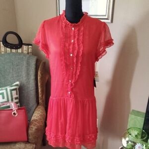 CeCe Red Ruffled Button-Up Dress